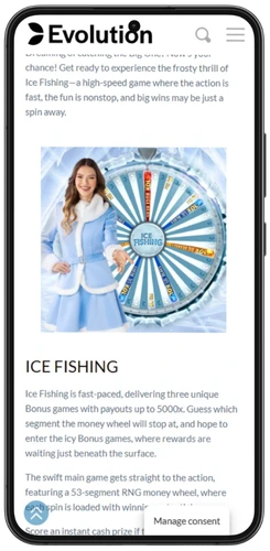 Rueda de la fortuna de Ice Fishing con la presentadora en el estudio de Evolution