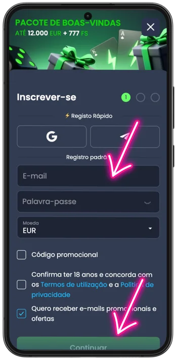 Criar conta com email e escolher euros para jogar Ice Fishing
