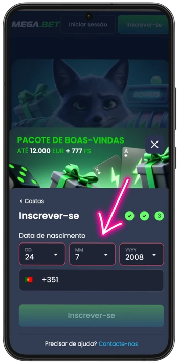 Indicar data de nascimento e telemóvel antes de jogar Ice Fishing