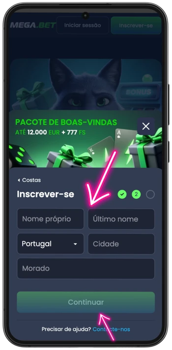 Preencher nome, país, cidade e morada no registo para Ice Fishing